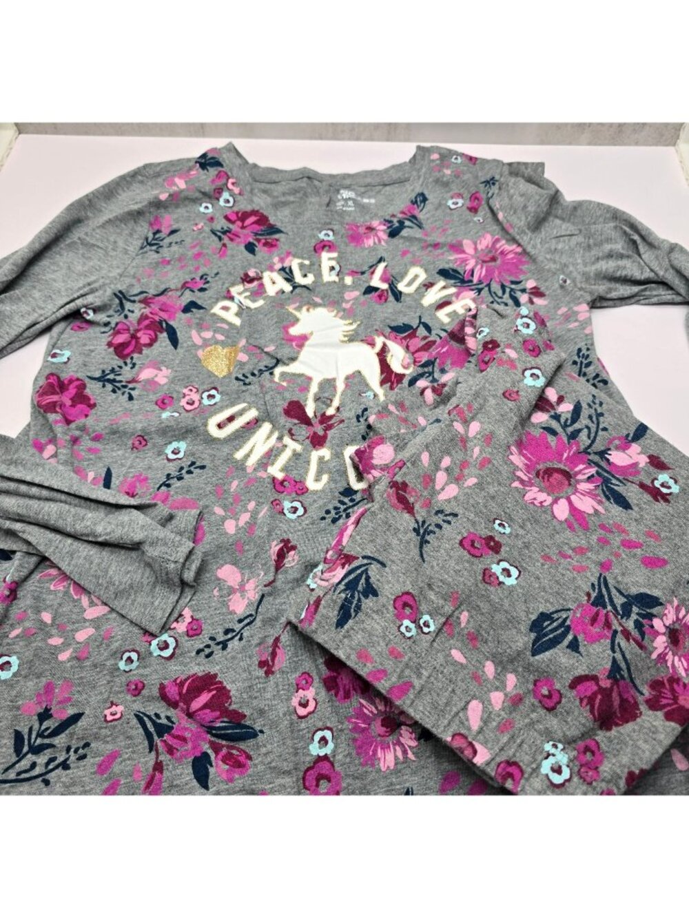 Peace Love Unicorns Girls Floral Tee and Leggings Gray Pink XL JJ4315